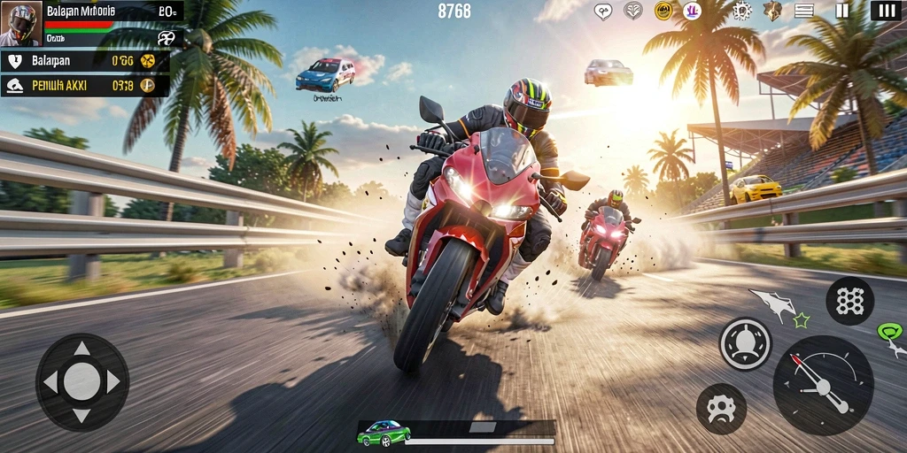 Screenshot gameplay 8768 menampilkan aksi balapan motor yang mendebarkan.