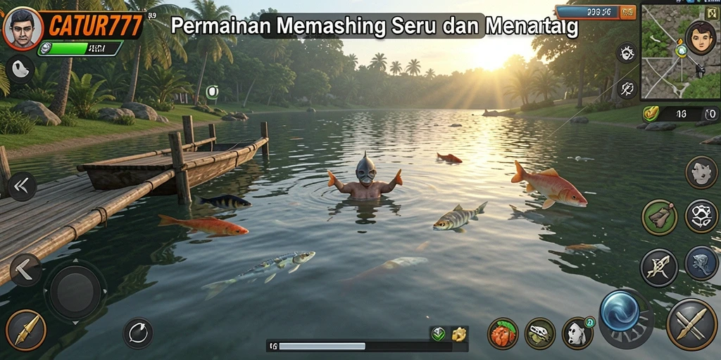 Tangkapan ikan besar dan pemandangan laut yang menakjubkan dalam gameplay.