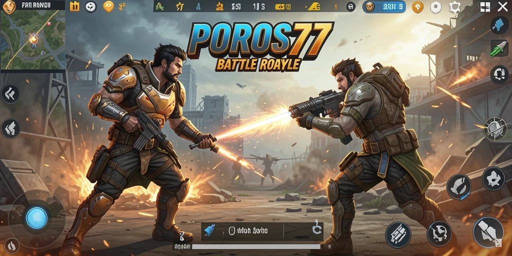 Screenshot POROS77 menampilkan momen pertarungan seru dalam game Battle Royale.