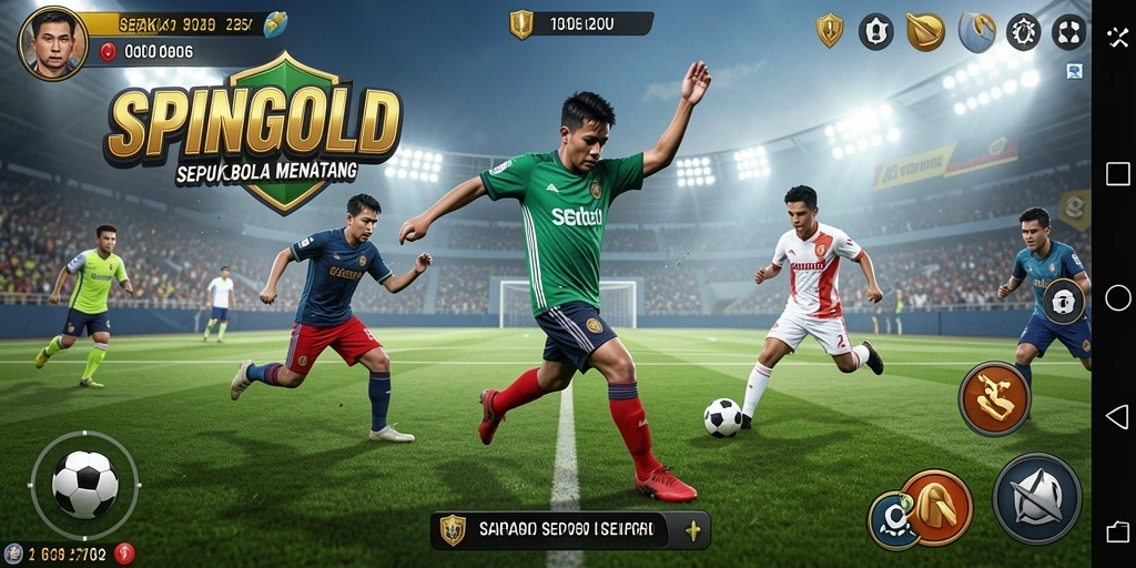 Screenshot utama SPINGOLD menampilkan aksi permainan sepak bola yang mendebarkan.