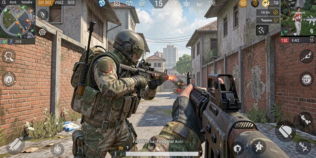 Screenshot gameplay VV62 menampilkan aksi tembak-menembak yang seru.